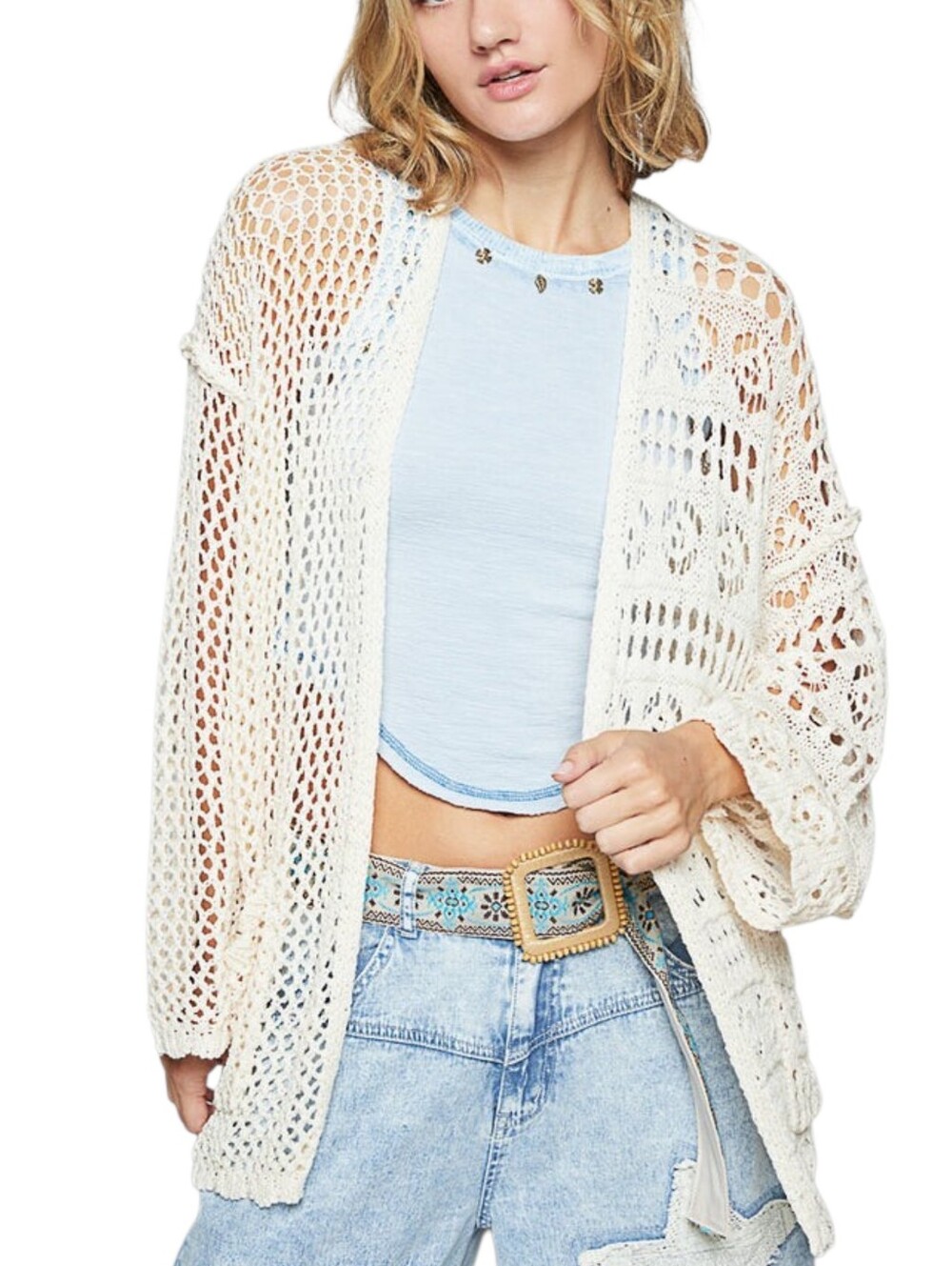 POL Oversized Crochet Open Knit Cardigan Cream Boho Festival Duster M NWOT